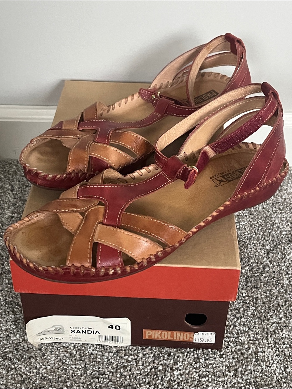 PIKOLINOS Two-Tone Leather Sandals in Chestnut and Burgundy